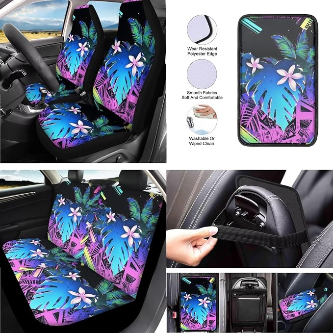 Tropical 13 Pcs Car Seat Cover Set, Palm Leaf Cyberpunk Polyester Front Seat Rear Auto Armrest Cover, Neon Gradient Steering Wheel Sleeve Full Set Cars Headrest
