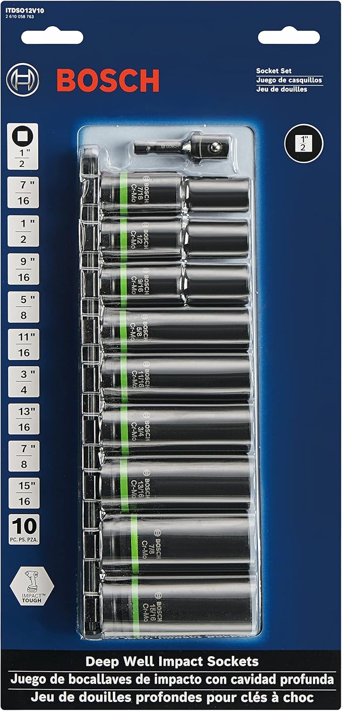 BOSCH ITDSO12V10 10-Piece Mixed 1/2 In. Sockets with 1/4 In. Hex to 1/2 In. Socket Adapter Impact Tough Assorted Set