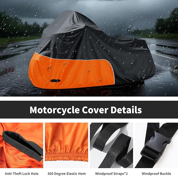 Motorcycle Cover Fits for Harley Davidson Road King Road Glide Electra Glide Low Rider-ST HD Goldwing, All Weather Waterproof Cruiser Motorcycle Cover, Black&Orange