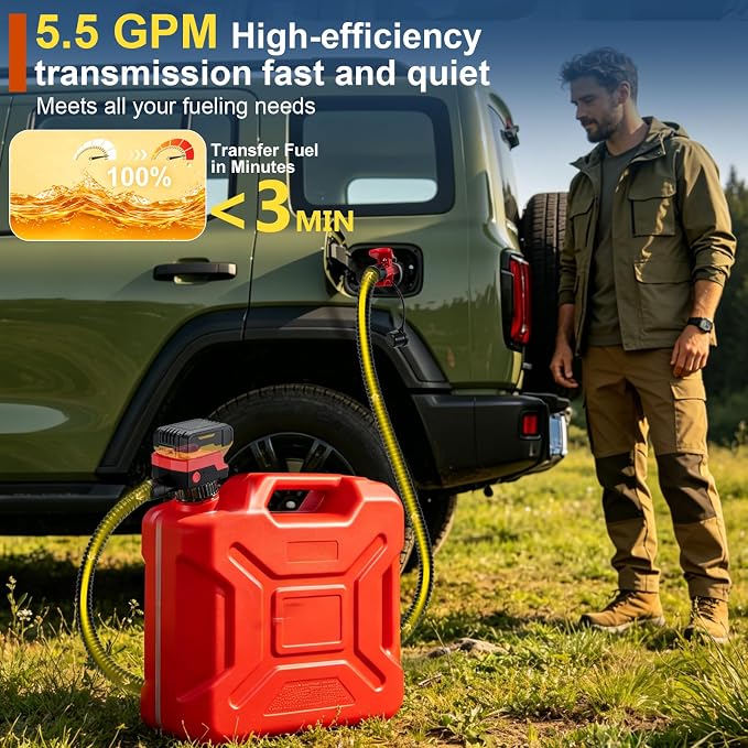 5.5 GPM Cordless Fuel Transfer Pump with Auto Shut-Off & Beep Alert, 57"Hose & 5Adapters, Compatible with DeWalt 20V & Milwaukee 18V Batteries, Portable Gas Can Pump for Gasoline andDiesel (Bare Tool)