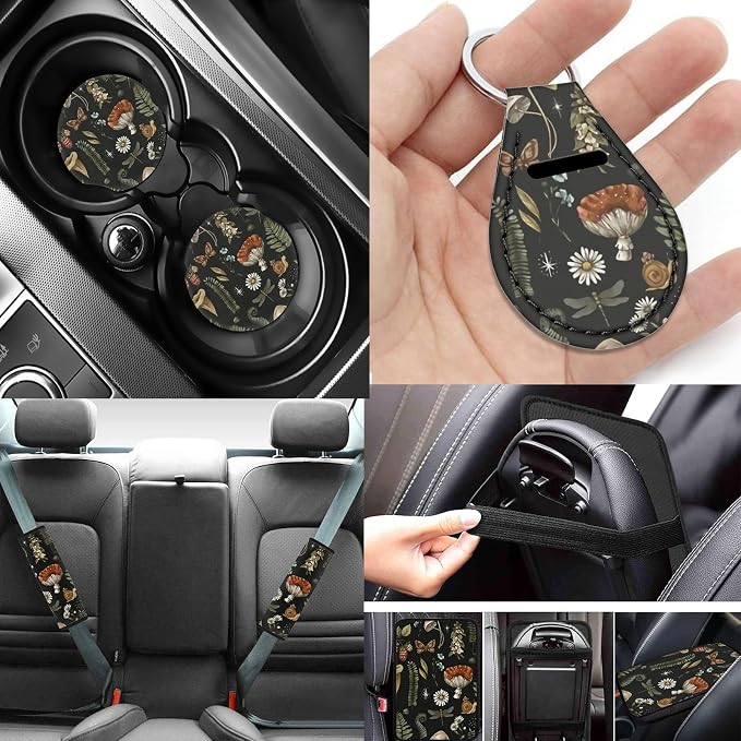 Mushroom Car Seat Covers Full Set of 12 Pcs,Retro Mushroom Auto Steering Wheel Cover/Seatbelt Pad/Armrest Cushion/Coaster/Keychain Universal Auto Interior Protector Accessory