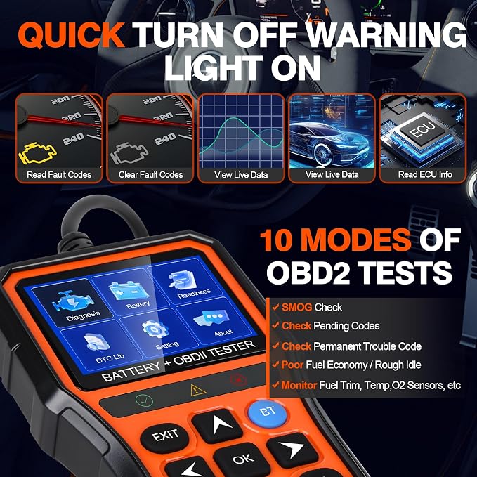 2-in-1 PRO OBD2 Scanner Diagnostic Tool, Car Code Reader with Battery Tester, Check Engine Code Reader with Reset OBDII, Real-Time Date, DTC Lookup, Scan Tool for All OBDII Protocol Cars Since 1996