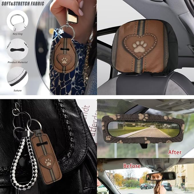Paw Print Auto Seat Cover Full Set with Steering Wheel Covers, 15 Pcs Car Front Rear Seat Covers Comfy Armrest Pad Coaster Universal Fit for Cars SUVs Trucks, Brown