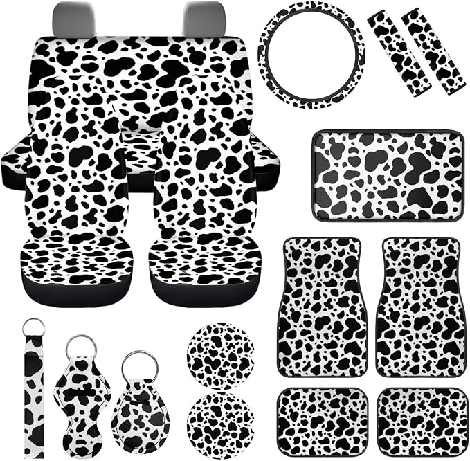 Cow Print Car Seat Covers Set 17 Pack,Cute Cow Print Car Accessories Set Full Sets with Vehicle Front Rear Carpets Mats,Steering Wheel Covers,Seat Belt Shoulder Pad Universal Fit Most Car SUV