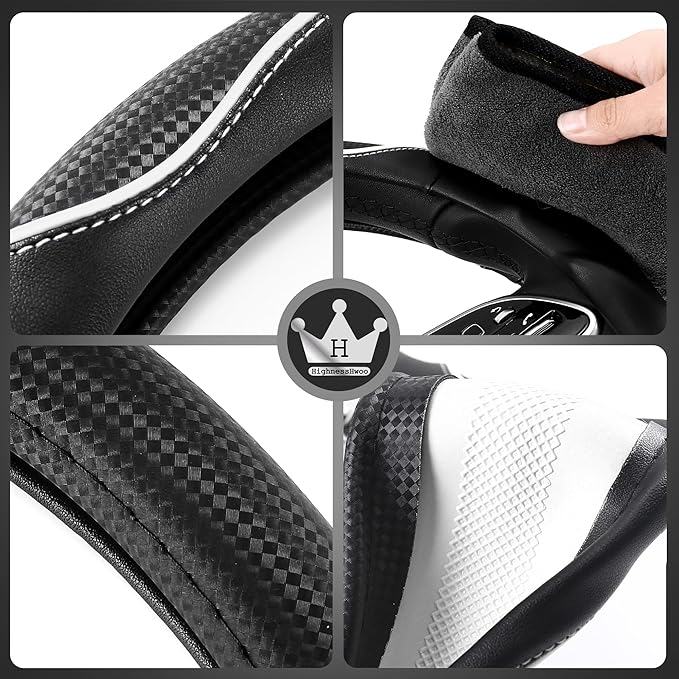 HighnessHwoo 3D Car Steering Wheel Cover Comfort Grip Massage Sporty Anti-Slip Carbon Fiber Faux Leather for Sedan SUV, Universal Fit, Car Handle Covers for All Seasons, 14.75-15.15in, White