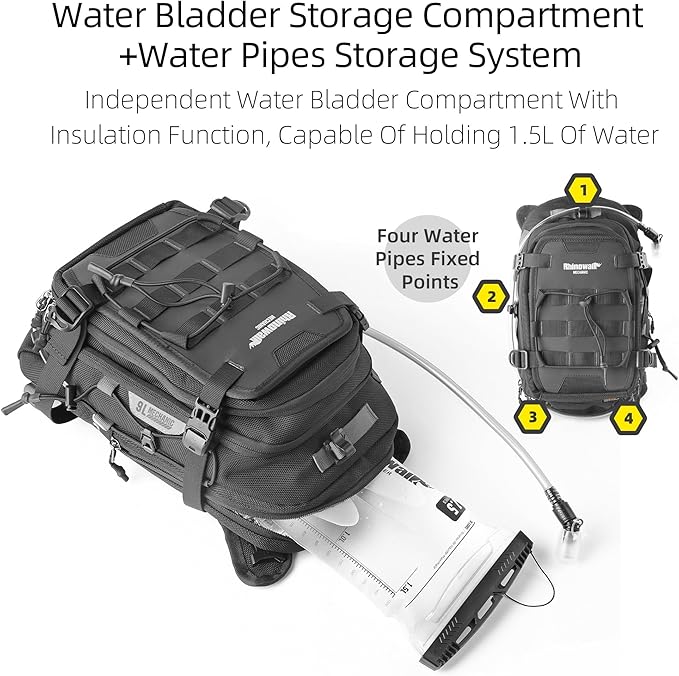 Rhinowalk Motorcycle Tank Bag Backpack Travel Luggage Separate Water Bag Duffel Bag with molle system fits most Adventure and Sport Motorcycle Frames