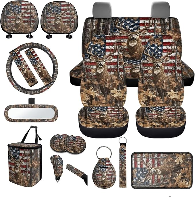 American Flag Reindeer Car Seat Covers Full Set 18 Pieces American Flag Car Interior Accessories Set Steering with Universal Fit Wheel Cover Maple Leaf Print Car Headrest Covers Keychain