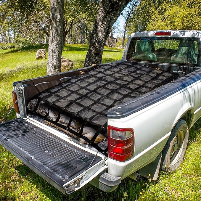 Heavy Duty Cargo Net, 4.75 x 6 ft Truck Bed Cargo Net, Cargo Carrier for Trailer Jeep SUV UTV Rack Bed Rail Boat Pickup Bed, 4 Straps with Carabiner Clips & J-Hook (57 x 72 inches)