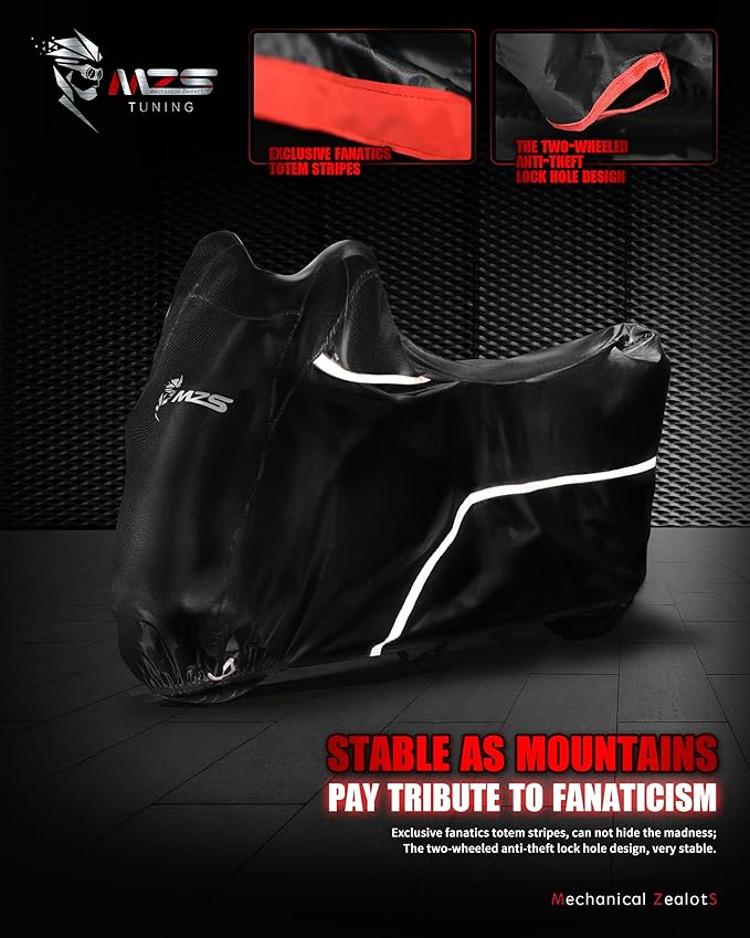 MZS Motorcycle Cover, All Season Weather Outdoor Waterproof Protection fits up to 73 inch M Compatible Mini Bike Dirtbikes Scooter with Vents Night Reflective Tear Scratch Proof Sunblock