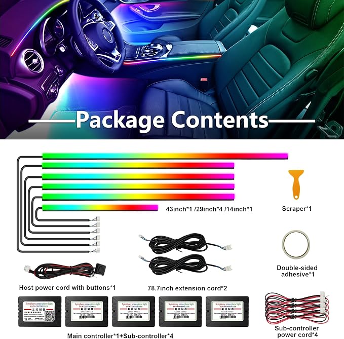 Dreamcolor Acrylic Interior Car Lights, WEBUPAR Car Accessories 6 in 1 Car LED Strip Lights with APP Control and 213 Modes, 175 inches 593 LEDs Fiber Optic Lights, RGB Neon Light Kits