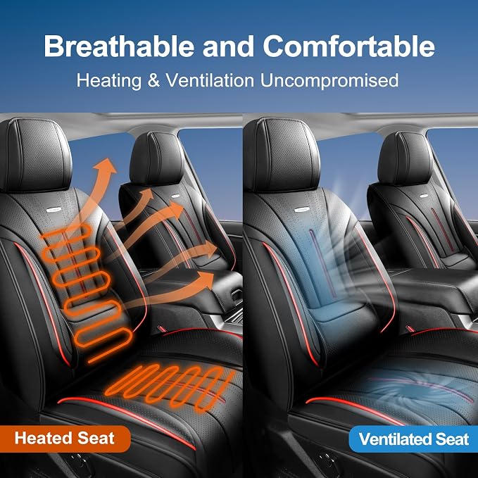 Fit CTS Car Seat Covers (Front Pair) for Select Cadillac CTS 2003-2019 - Premium Full Coverage Leather, Airbag Compatible & Scratch-Resistant, Waterproof & All Weather Seat Protector, Red Trim