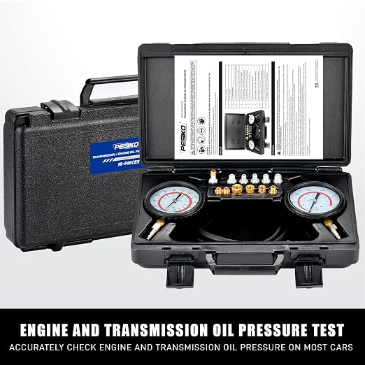 Professional Engine & Transmission Oil Pressure Gauge Kit: High/Low (0-400psi/0-100psi), 72" Hose, 13pc Adapters, Durable Case