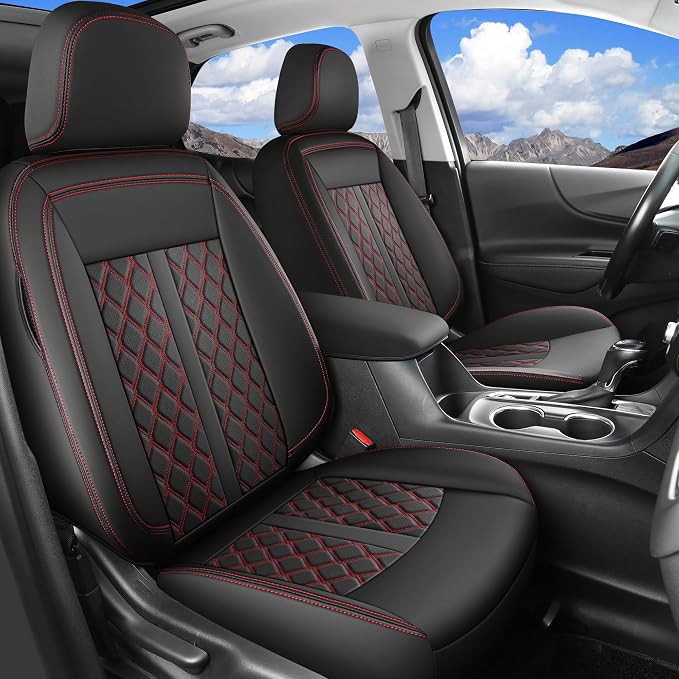 Huidasource 2Pcs Seat Covers for Nissan Titan/Titan XD 2016-2024, Full Coverage Seat Covers for Titan Titan XD SV PRO-4X SL Platinum Reserve Pickup Leather Car Seat Covers (Front Pair/Black&Red)