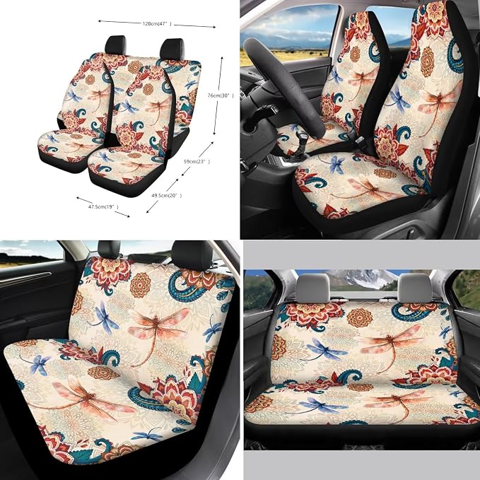 Suobstales Bohemia Mandala Dragonfly Print Car Accessories with Car Front Rear Split Seat Covers, Seat Belt Pads + Steering Wheel Cover + Coaster + Keyrings for Women Set of 11-Pcs