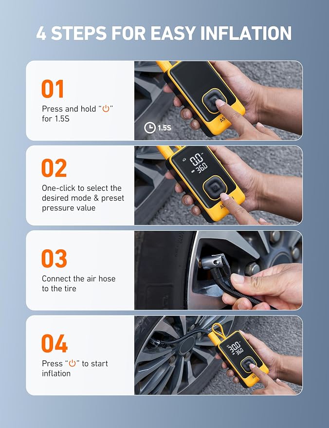 AstroAI L7 Air Tire Inflator Portable Air Compressor, 150PSI Electric Cordless Car Pump with Digital Gauge, Fast 1-Min Inflation, Auto Shutoff, LED Light for Car, SUV, Motorcycle & Bike Tires, Yellow