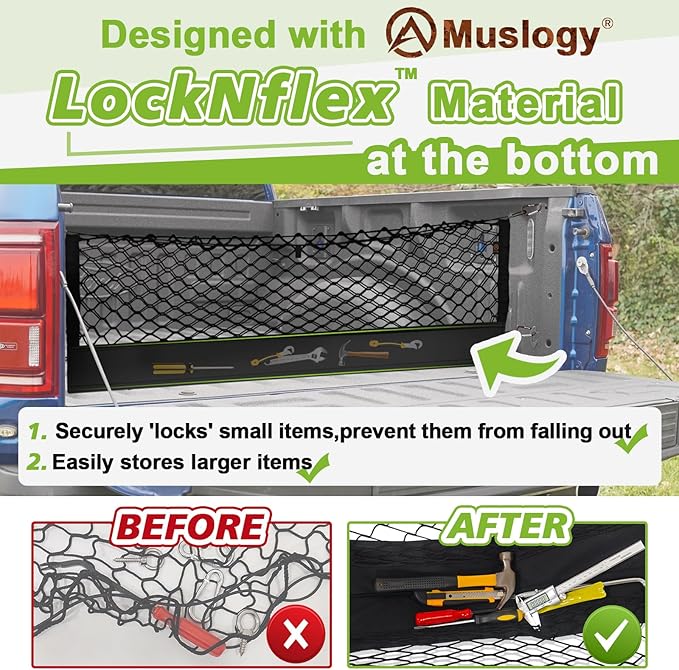 Muslogy Truck Bed Cargo Net Trunk Netting Compatible with 2015-2022 Chevy Colorado & GMC Canyon Accessories, Pickup Cargo Organizer SUV Sedan Storage Net w/Heavy Duty Carabiners