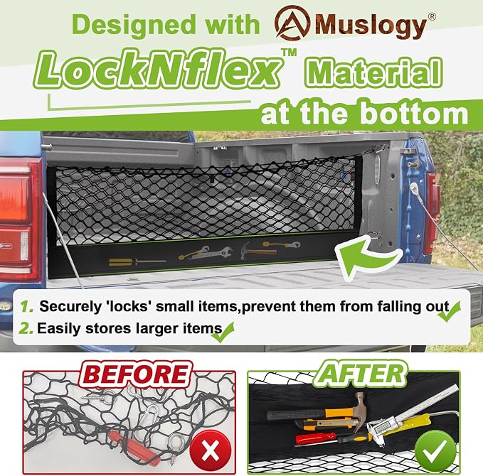 Muslogy Truck Bed Cargo Net Trunk Netting Compatible with Dodge Ram 1500 2019-2025 2026 Accessories, Pickup Cargo Organizer SUV Sedan Storage Net w/Heavy Duty Carabiners