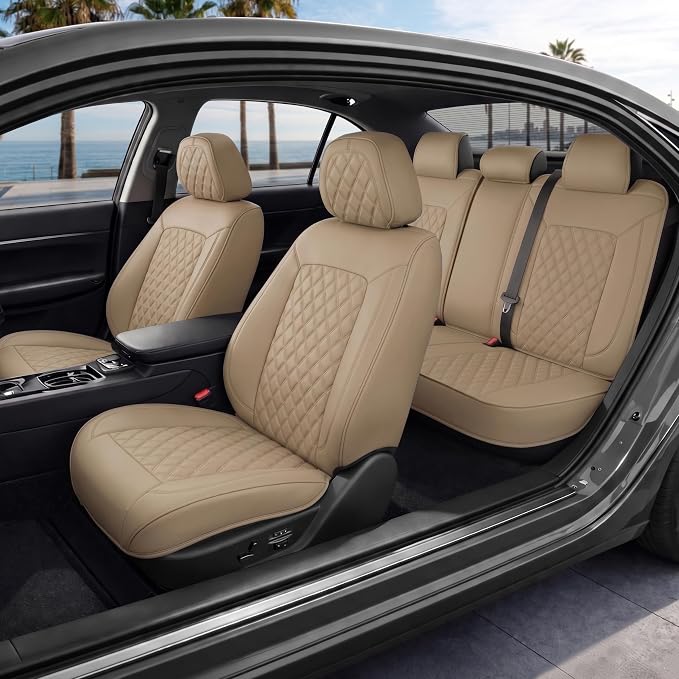 MotorBox Haven Series Napa Leather Seat Covers for Cars, Lux Edition Diamond Stitched Full Set Seat Covers, Premium PU Leatherette Beige Car Seat Covers for Cars Trucks SUVs