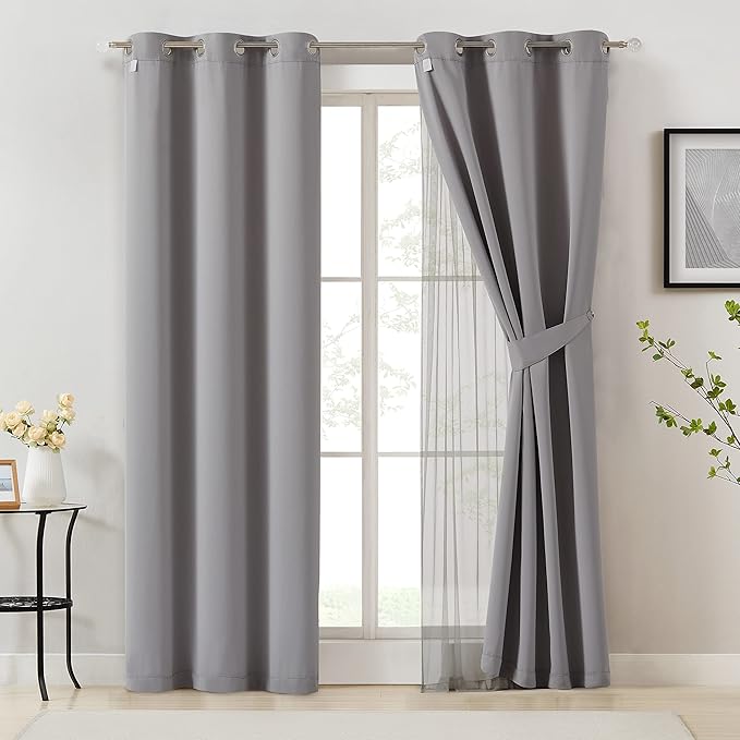 Bujasso Grey 90% Blackout Curtains with Sheer Overlay Mix and Match Double Layer Window Curtains Thermal Insulated 95 inch for Living Room Bedroom Gray Drapes with Tiebacks Grommet Top 54" Wx95 Lx2