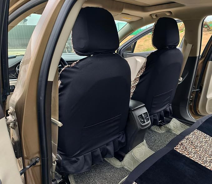 Cute Bear Leopard Print Car Seat Covers For Women,Universal Full Set (Bear) | Lovely Embroidered Cartoon Design For Daily Driving, Universal Fit For Most Cars, Soft Short Flannel With Stretch Backing