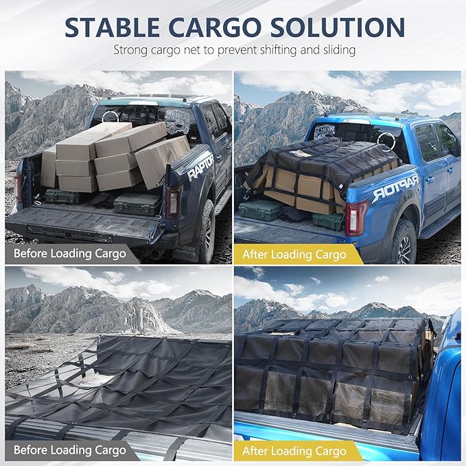 Tecoom Truck Bed Cargo Net, 7.12'x6.66' Heavy Duty for Pickup Truck Bed with Adjustable Cam Buckles, 4 S-Hooks, 2 Cross Strap, 1,500 lbs Capacity Accessory