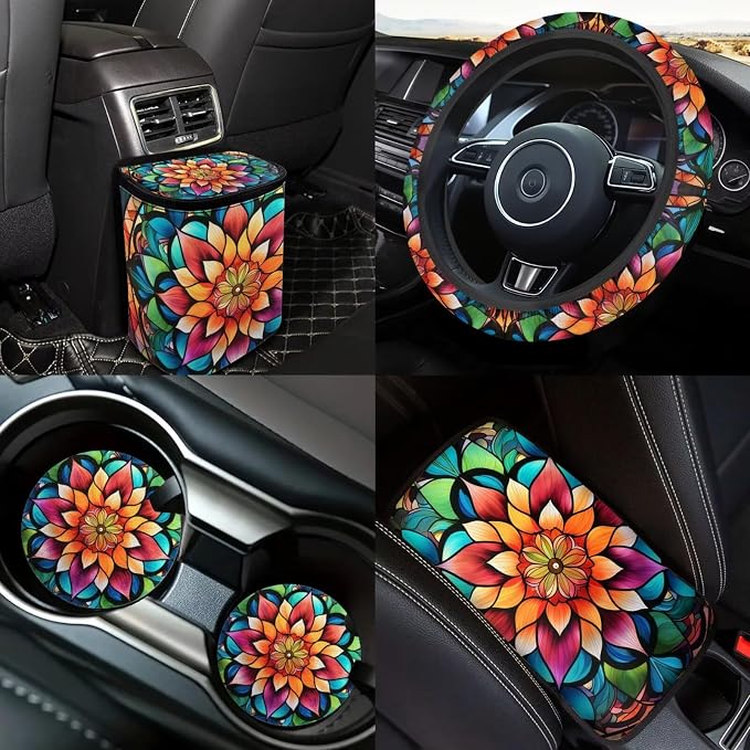 Mandala Lotus Car Seat Covers Full Sets 18 Pieces Hippie Print Car Interior Accessories Sets Car Headrest Covers Seatbelt Covers Steering Wheel Wrap Car Trash Can Universal Fit Most Vehicle