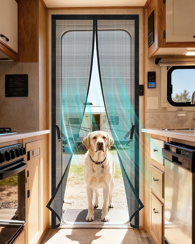 Magnetic RV Screen Door Curtain for Camper, Curtain Size 33'' x 75'', Travel Trailer, Fifth Wheel and Motorhome, Tear-Resistant Mesh Bug Screen, Self Closing Mosquito Net, Pet Friendly