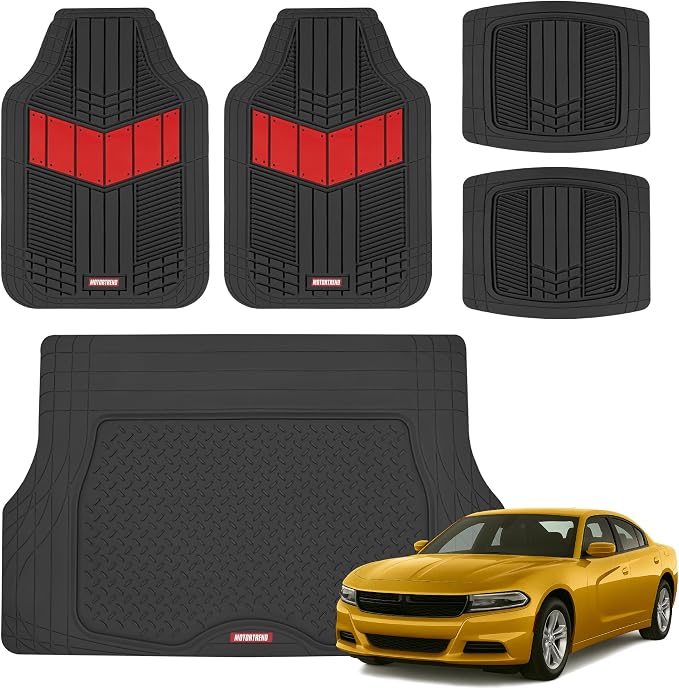 Motor Trend DualFlex Red Floor Mats for Cars & Cargo Mat Full Set - All Weather Front & Rear Rubber Automotive Floor Mats & Cargo Liner for SUV, Car, & Van - Interior Trunk Mat & Floor Cover