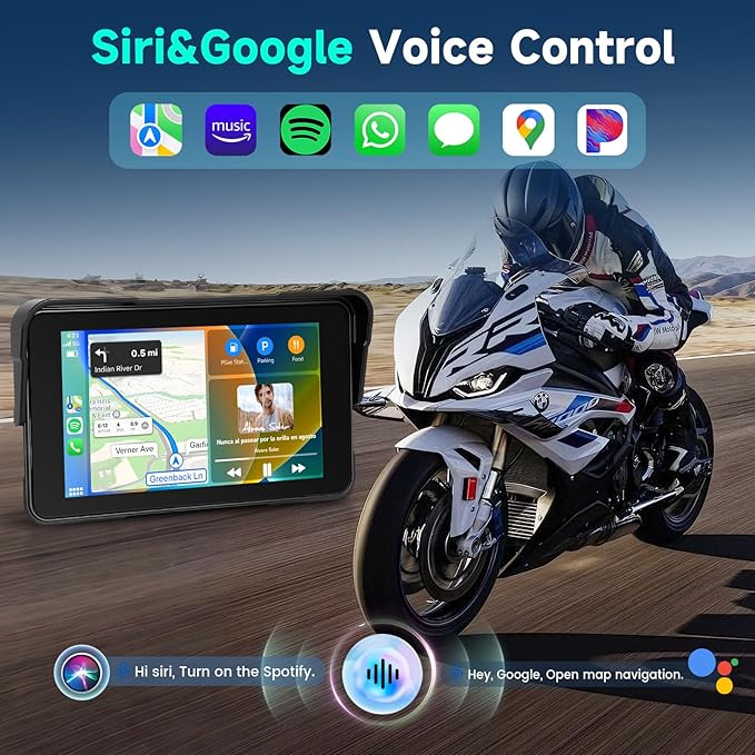 5 Inch Motorcycle CarPlay Screen with TPMS Sensors, Wireless Android Auto, Handlebar Control Power Cable, IP68 Waterproof Portable Motorcycle GPS Display