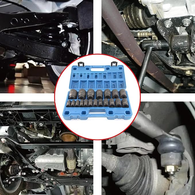 MacWork 19 Piece 1/2-Inch Drive Standard/Shallow Impact Socket Set, SAE, 3/8" to 1-1/2", CR-V&Cr-Mo Alloy Steel, 6-point Hex Radius Corner Design