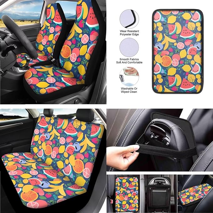 13 Piece Organic Fruit Car Seat Cover Set, Soft Breathable Fruit Party Banana Orange Car Front and Rear Seat Cover with Handrest Protector Steering Wheel Protector Keychain