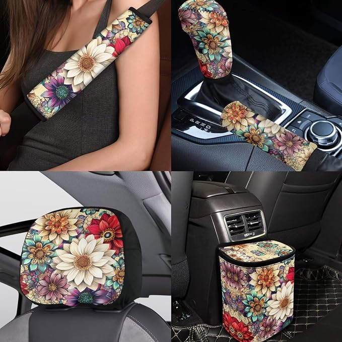 BIGCARJOB Hippie Lotus Print Car Seat Covers Set 15 Pieces Blossom Flower Seat Headrest Cover Universal Steering Wheel Cover Car Trash Can Hanging Car Interior Accessories Set