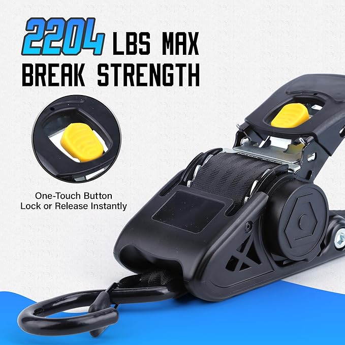 Retractable Ratchet Straps, 2'' x 10FT Self Retracting Ratchet Straps Heavy Duty with Soft Loops, 2204lb Break Strength Auto Tie Down Straps Easy Retract for Motorcycle, Truck, Cargo, 2 Pack