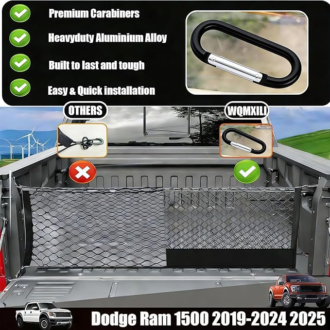 Envelope Style Truck Bed Cargo Net Compatible with Dodge Ram 1500 2019-2024 2025,Highly Elastic Truck Cargo Net for Ram 1500 Accessories, Upgraded Storage Bag & Heavy Duty Carabiners