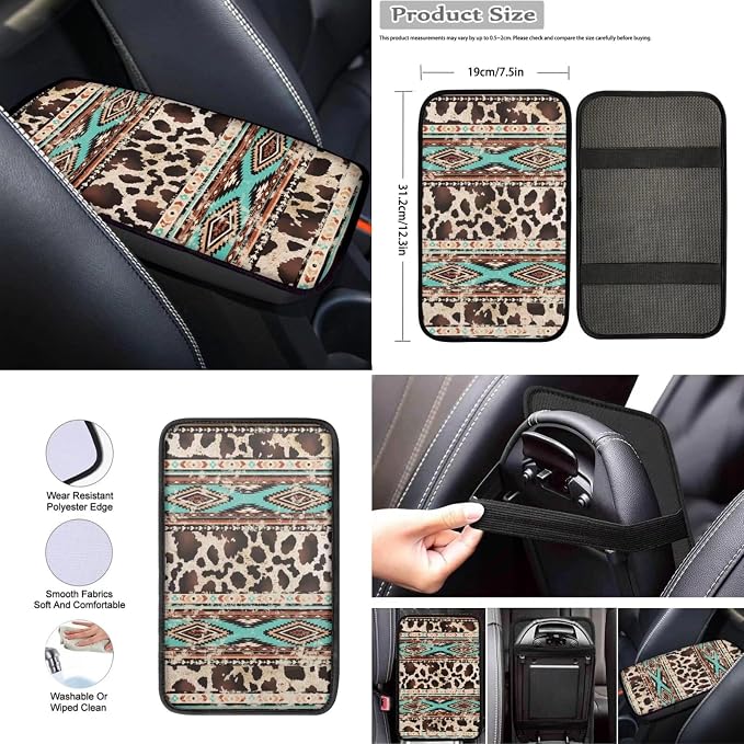 Wanyint Aztec Cow Print Retro Car Accessories Set 12 PCS, Front and Back Car Seat Covers Steering Wheel Cover Seat Belt Pad Armrest Cover Coasters Handbrake Gear Shift Cover Fit for Most Vehicles