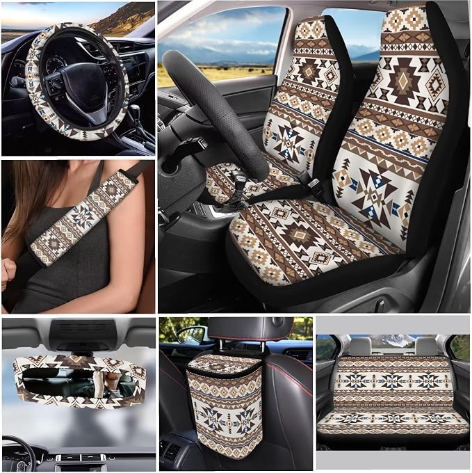 Fashion Aztec 12 Pack Car Seat Covers Full Set Steering Wheel Accessories Car Seat Belt Cover Rear View Mirror Cover Trash Bin Coasters Wristlet Keychain Chapstick Holder