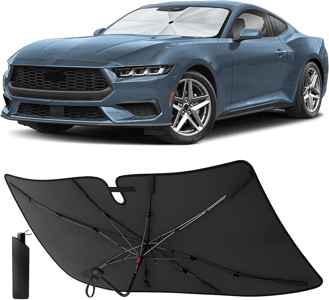 EcoNour Windshield Sun Shade & Window Tint for Ford Mustang 2015–2026 | Foldable Front Windshield Sunshade with 8-Rib Frame | 280T UV Protection Car Sun Visor Heat Shield Interior Protector