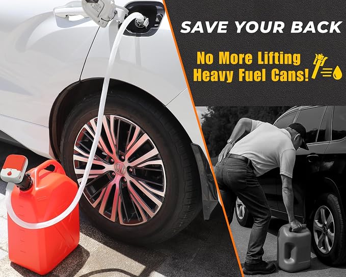 Fuel Transfer Pump with Auto-Stop, 3.8 GPM Battery or USB Powered Cordless Gas Pump, Portable Electric Pump for Gas Can with 51" Hose & 4 Adapters for Gasoline, Diesel, Oil–Spill-Free Refueling