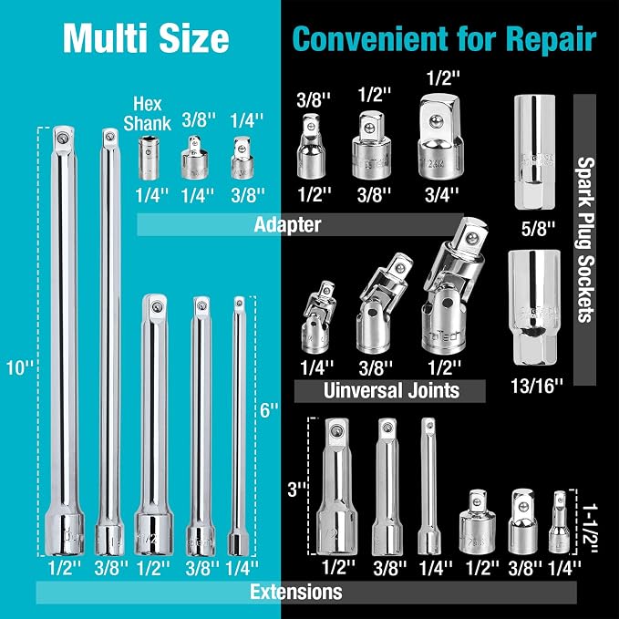 DURATECH 22-Piece Drive Tool Accessory Set & DURATECH 3/8" Drive Swivel Socket Set 14 Pieces SAE&Metric