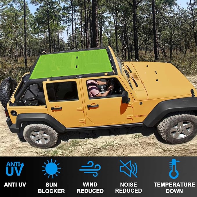 JK Sun Shade Top Compatible with Jeep Wrangler 4 Door 2007 to 2018 Sunshade Sunroof Bikini Cover Blocks UV Wind Noise Green Mesh for Full Length