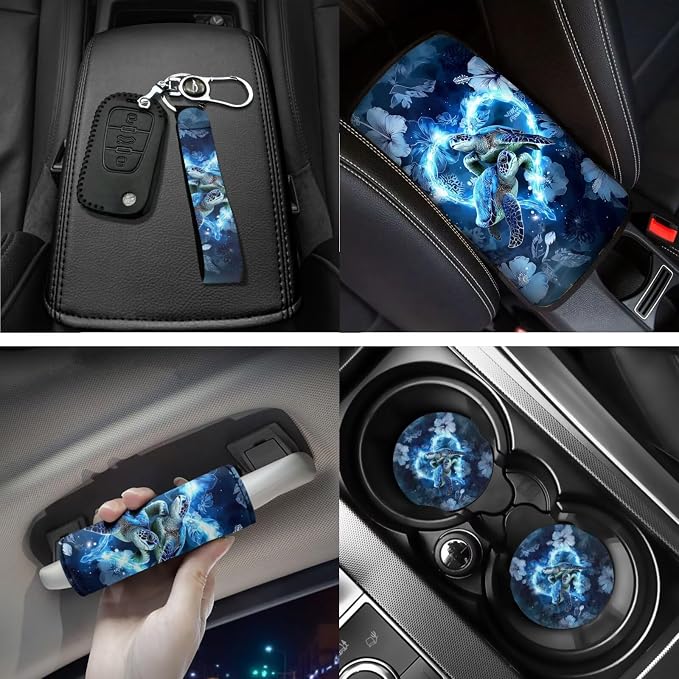Sea Turtle Print Car Interior Accessories Set of 18, Car Seat Covers Full Set for Women, Auto Steering Wheel Cover Floor Mats Armrest Pad Seat Belt Pads Roof Cup Coaster Handle Wraps Keychains