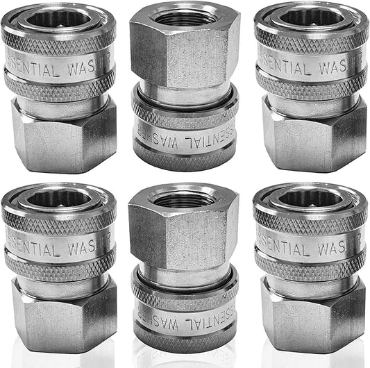 Essential Washer Stainless Steel ⅜” Quick Connect Female NPT | Pressure Washer Quick Connect Fittings | 5000 PSI | Set Of 6
