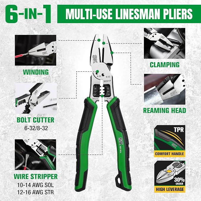 SK 3-Piece Multi-use Pliers Set, 7-Inch Diagonal Plier, 8-Inch Noodle Nose and Linesman Pliers, CR-V Construction, Anti-slip Handle, with EVA Foam Tool Organizer