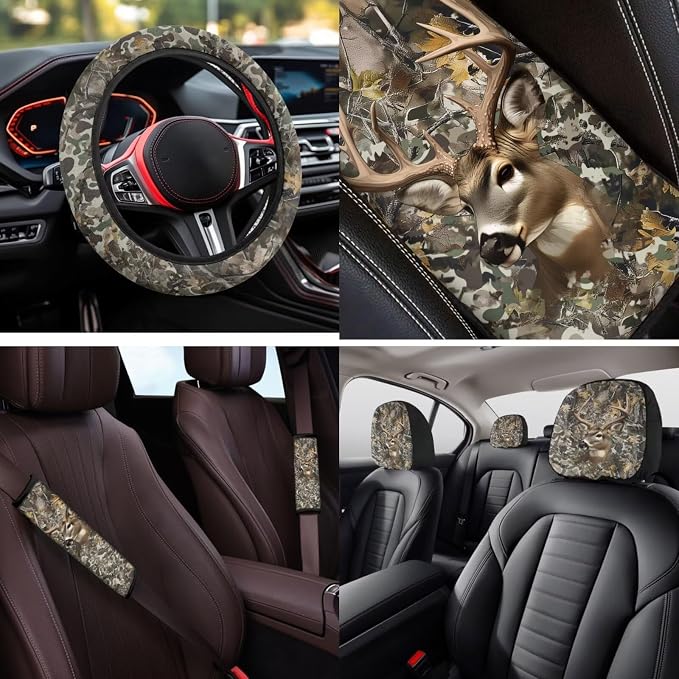 Bulopur Elk Hunting Camo Automotive Seat Covers Set with Matching Steering Wheel Cover Breathable Center Console Cushion Pad Non-Slip Seat Headrest Cover 14 Pack Auto Interior Accessories