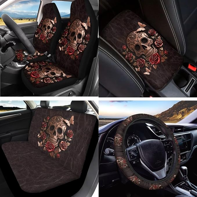 Skull Rose Printed Car Seat Cover Full Set with Steering Wheel Cover Armrest Pads Leather Lipstick Holder Keychain Car Coaster Non Slip Auto Accessories Set, 15 Pack, Brown
