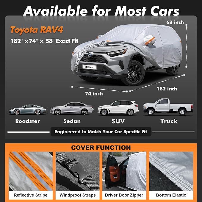 Car Cover Waterproof All-Weather,Heavy-Duty Outdoor Full Exterior Automobiles SUV(Length 182-190 inch) with Windshield Sun Shade Universal Fit Toyota RAV4,CRV,Model Y,Q5,Equinox,Rogue etc
