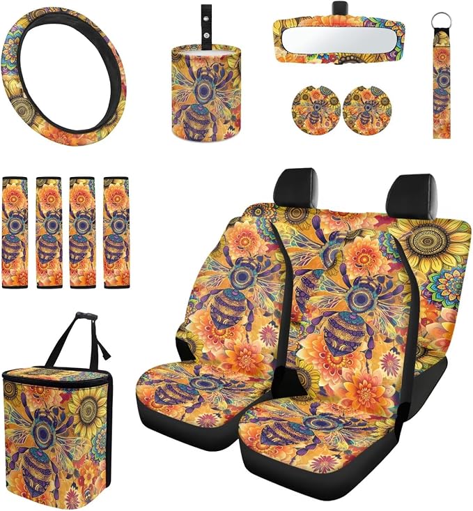 Boho Floral Bee Auto Interior Accessories Car Seat Covers with Auto Steering Wheel Cover Seat Belt Covers Car Trash Can View Mirror Cover Coaster Keychains