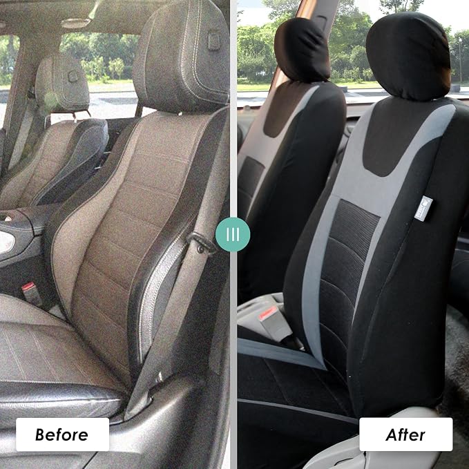 FH Group Car Seat Covers Universal Fit Full Set Interior Accessories, Sports Gray Seat Covers with Airbag and Split Rear Automotive Combo Vinyl Floor Mats Seat Covers for Cars Vans Trucks and SUV