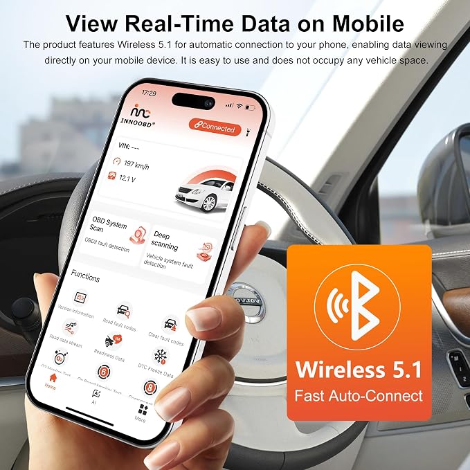 OBD2 Scanner Reader for iOS & Android, Ai Diagnostic Tool for Car Buying & Repairs, No Subscription Fee, Lifetime Free Updates, Check & Clear Engine Codes, Real-Time Data, All 1996+