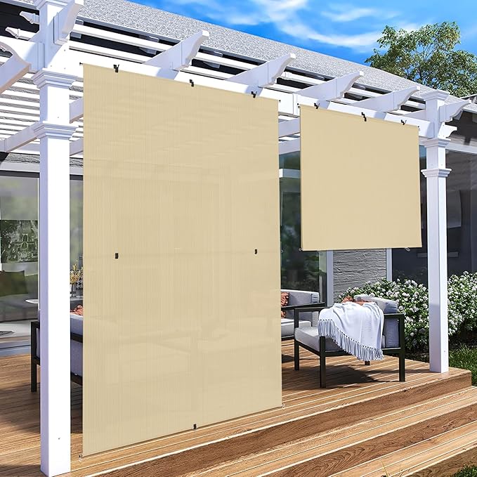 Patio Shades Roll Up Outdoor 6'Wx8'H Foldable Roller Shade Patio Blinds Exterior Block Sun Screen for Outside Porch Deck Balcony Pergola Carport, Beige